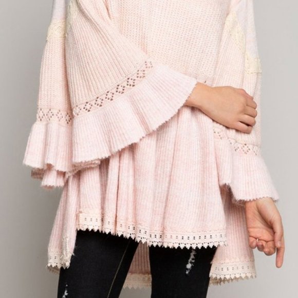 Pink Flutter Bell Sleeve Lace Boho Tunic Sweater - Picture 7 of 9